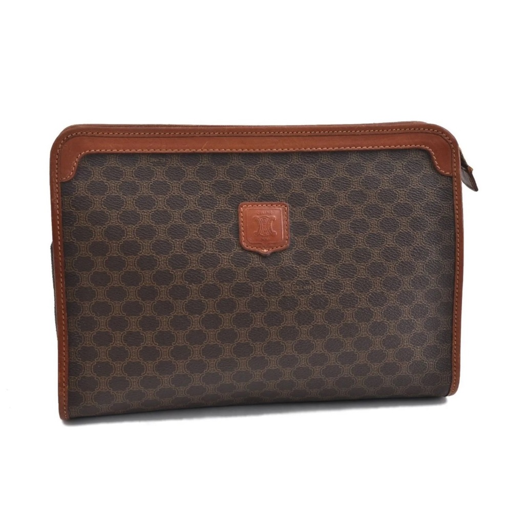 CELINE vintage authentic Macadam Blason Pattern Clutch Bag PVC Leather Brown